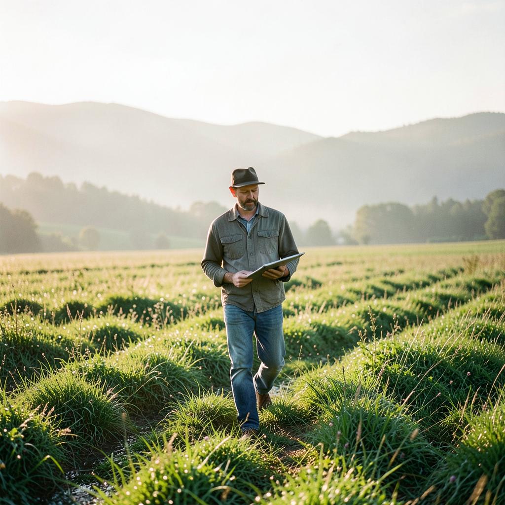 Farmer walking a green paddock at dawn checking records on a tablet