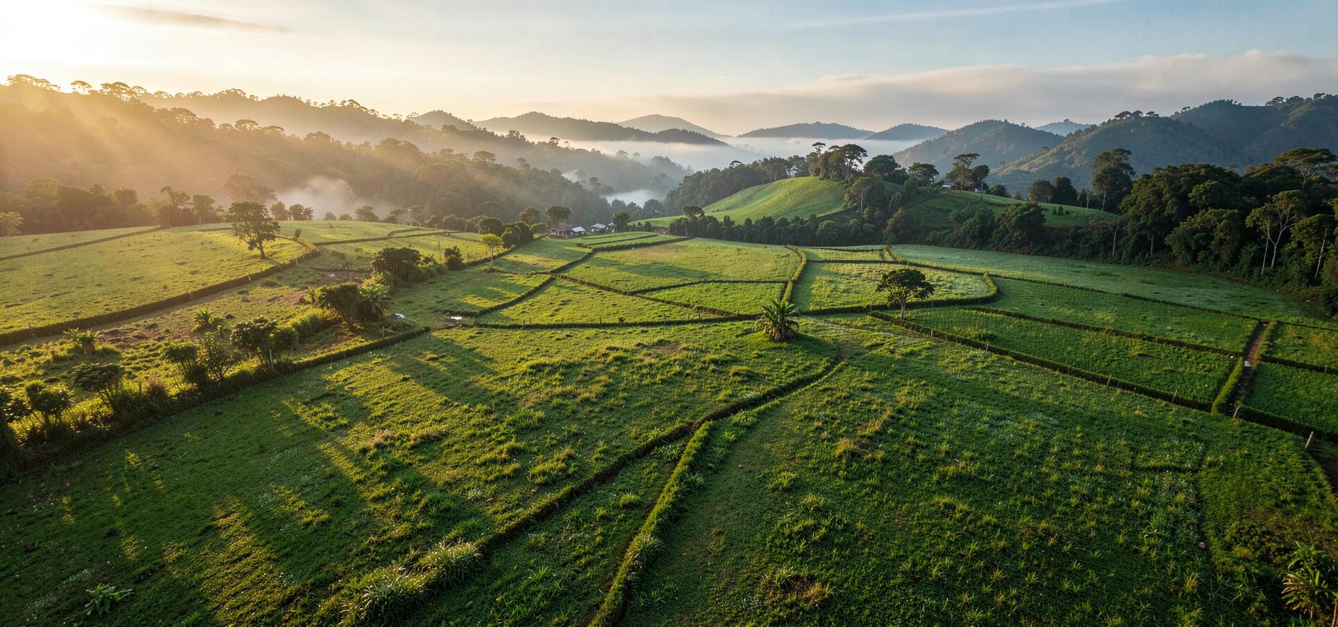 Aerial view of lush green highland paddocks at first light in Papua New Guinea